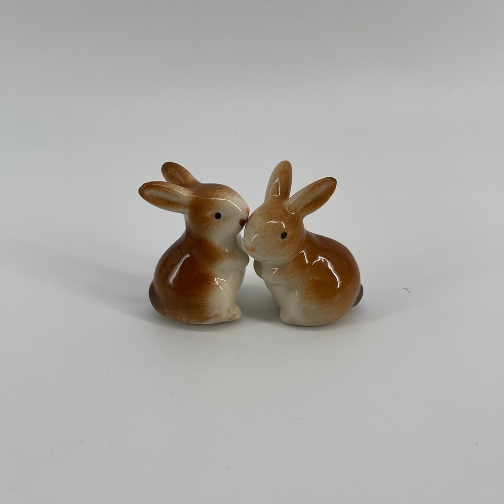 Miniature Ceramic Bunny Figurines Set of 2 Brown White Rabbit Easter Decor 2in